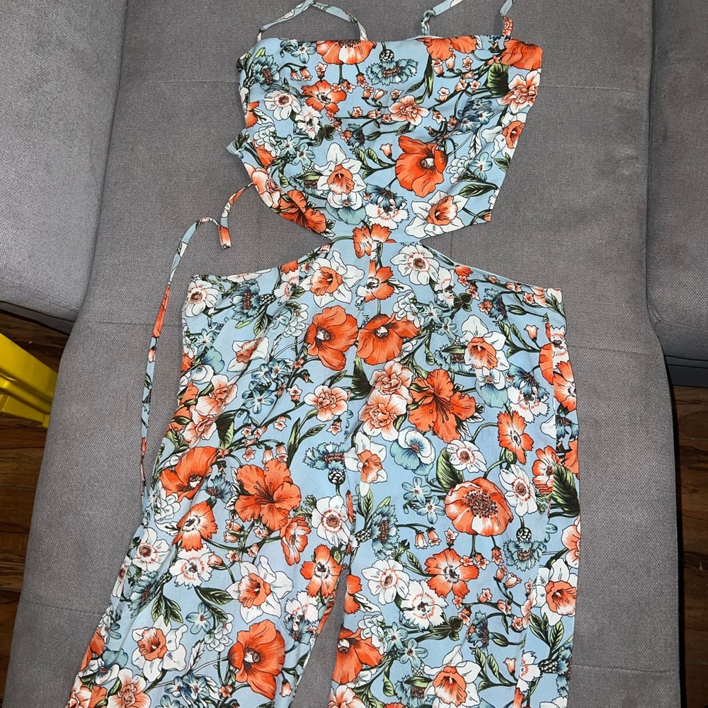 Nasty Gal Floral Jumpsuit in Blue and Orange